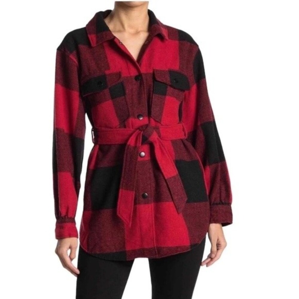 Laundry by Shelli Segal Buffalo Plaid Belted Flannel Jacket Shacket Red Black M
